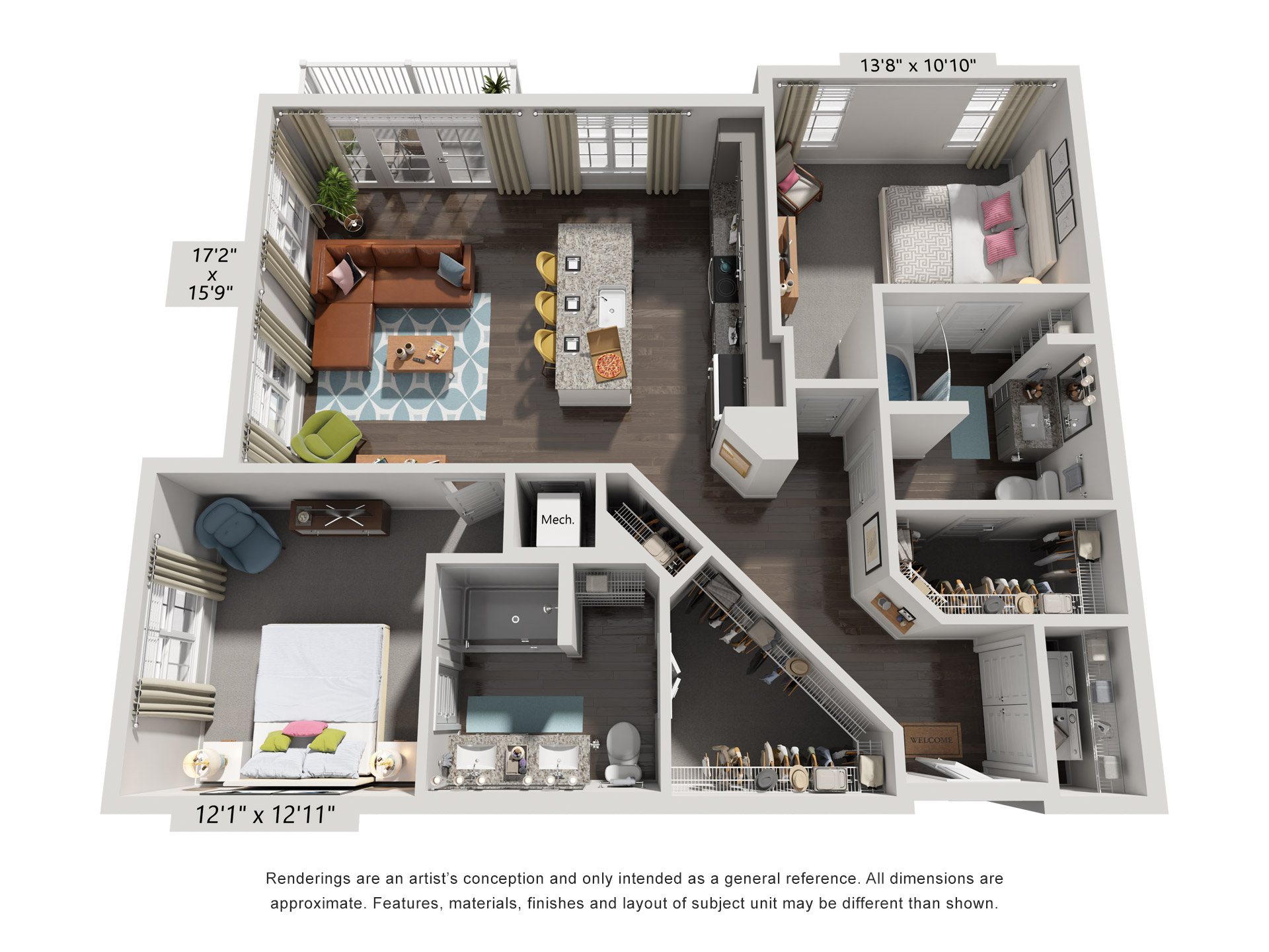 Floor plan for 2 beds, 2 baths, 1203 sqft